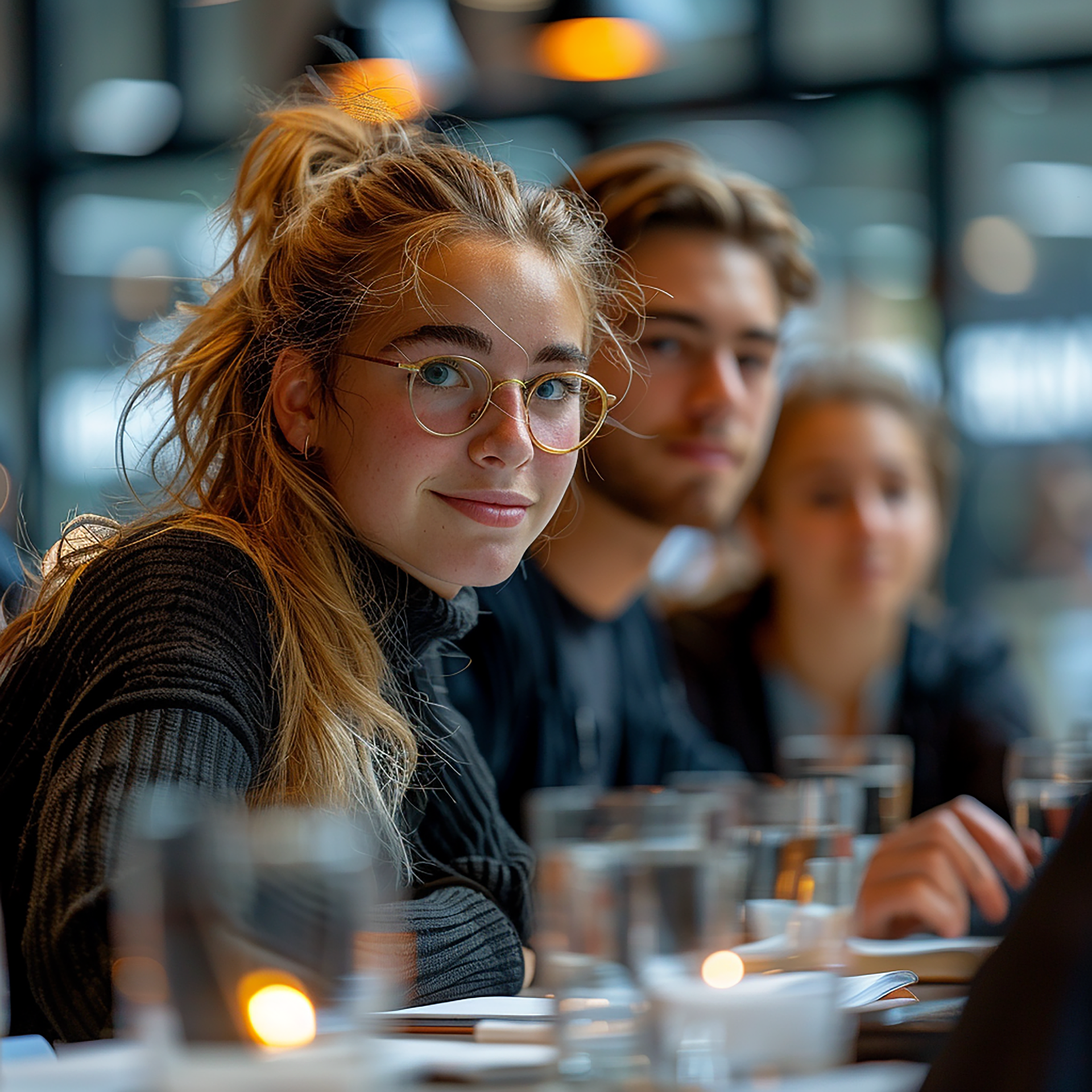A woman with glasses, smiling softly, exuding confidence and intelligence in a bright, inviting setting.
