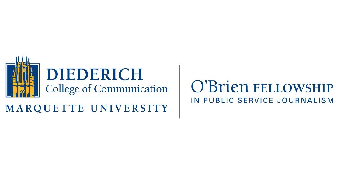 The O’Brien Fellowship in Public Service Journalism 2025-2026 Logo featuring the Diederich College of Communication at Marquette University on the left, with a golden and blue illustration of a Gothic-style building, and the O'Brien Fellowship in Public Service Journalism name on the right in blue text.